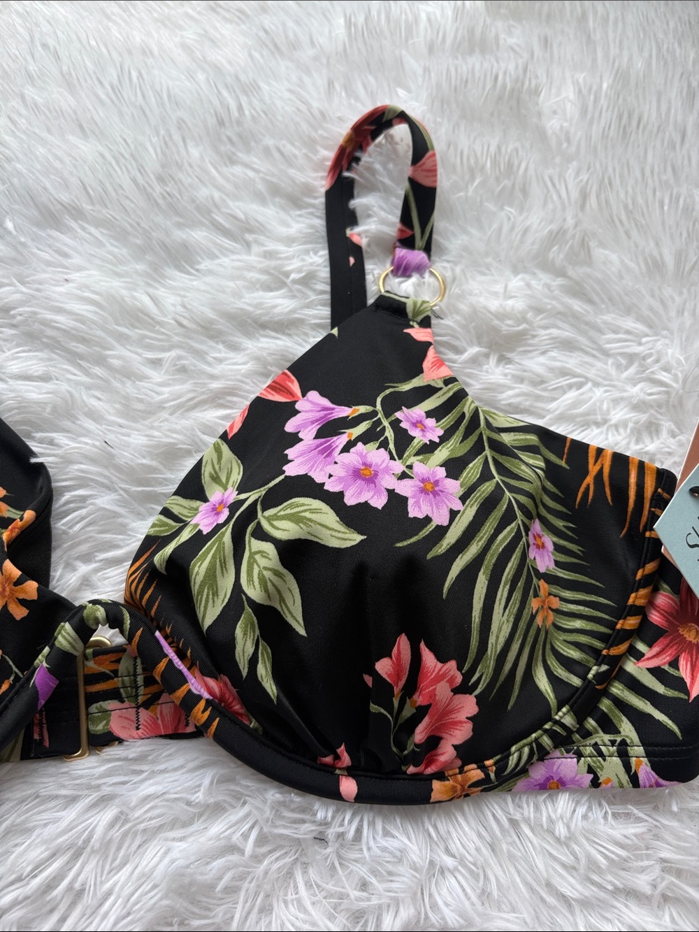 NWT Shade & Shore Black Floral Underwire Bikini Swim Top Size 38D - Picture 3 of 15